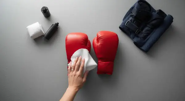 A hand wipes red boxing gloves with a white cloth. Beside them are cleaning supplies and a folded towel with a navy jacket. Don't put boxing gloves in the washing machine; clean them by hand.