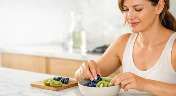 Donna prepara una ciotola di frutta fresca, un'ottima opzione per chi soffre di colon irritabile. Farro e frutta, un connubio salutare.