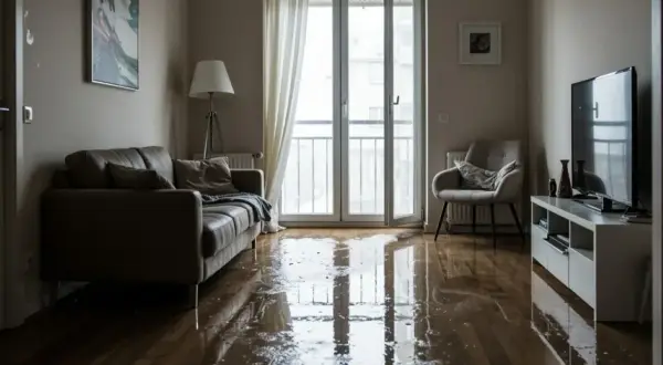 Zalane mieszkanie z kanapą i fotelem. Podłoga lśni od wody, co może być podstawą do ubiegania się o odszkodowanie za zalanie mieszkania.