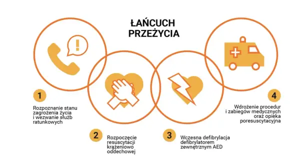 Łańcuch przeżycia: rozpoznanie, RKO, AED, opieka medyczna. Kluczowe etapy pierwszej pomocy u dzieci.