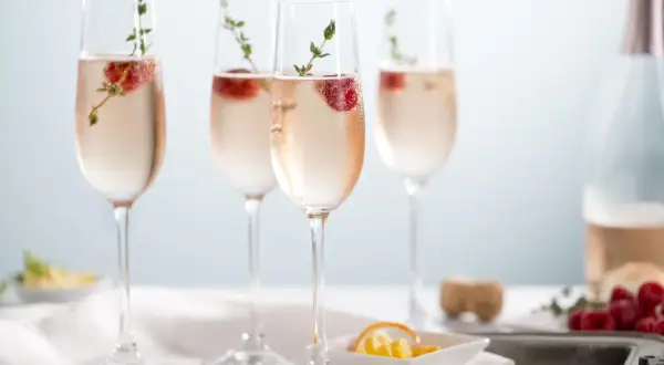Quatre flûtes de soupe de champagne rosée, garnies de framboises et de thym, prêtes à être dégustées.
