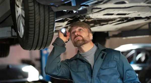 Mechanik z latarką bada podwozie auta, szukając usterki. Czy to jarzmo zawieszenia wymaga wymiany?