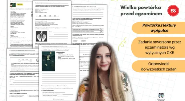 Dziewczyna z zeszytami i materiałami do powtórki przed egzaminem ósmoklasisty z lektury "Balladyna".