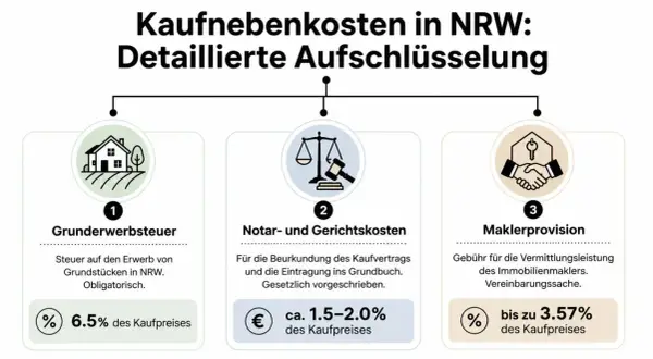 Kaufnebenkosten in NRW: Grunderwerbsteuer (6,5%), Notar-/Gerichtskosten (1,5-2%) und Maklerprovision (bis 3,57%).