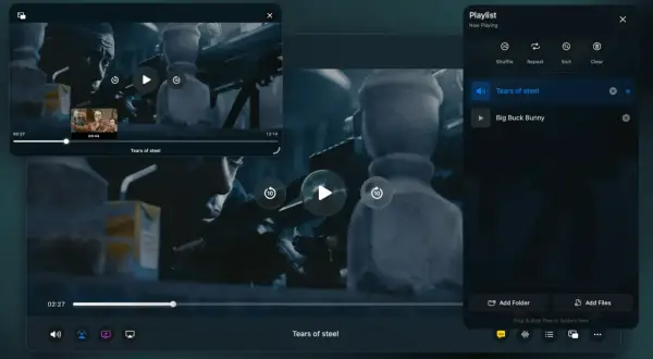 A user is watching "Tears of Steel" on 5KPlayer, a media player that appears safe and user-friendly, with a playlist visible.