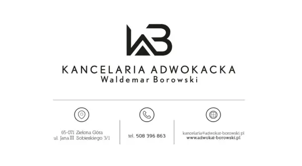 Logo kancelarii adwokackiej Waldemar Borowski z danymi kontaktowymi.