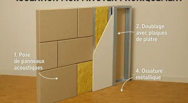 Isolation d'un mur mitoyen : pose de panneaux acoustiques, laine minérale, ossature métallique et plaques de plâtre pour une isolation phonique efficace.