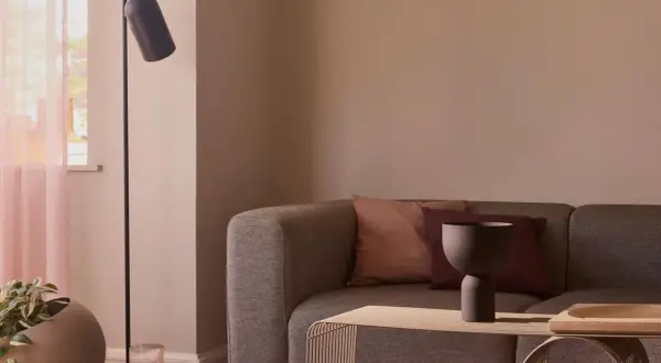 Gemütliches Sofa mit Kissen in mauve farbe, daneben ein moderner Stehlampenfuß und ein Fenster mit zarten Vorhängen.