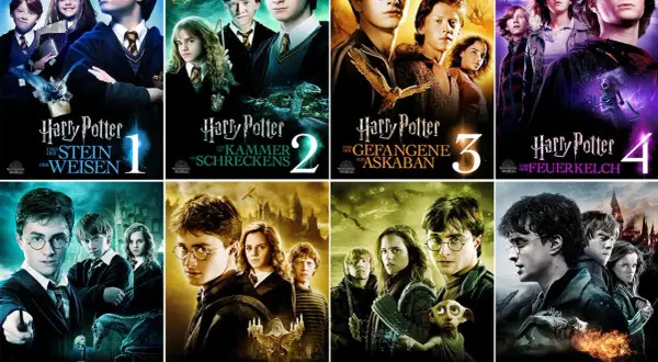 Harry Potter Filme 1-7 zum Streamen: Harry, Ron & Hermine erleben magische Abenteuer.