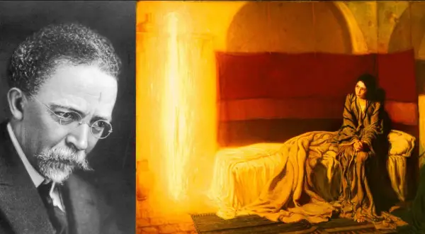 Portrait of Henry Ossawa Tanner, a famous Black artist, beside his painting "The Annunciation," showcasing his mastery of light and emotion.