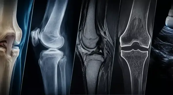 Diverse immagini mediche del ginocchio: anatomia, radiografia, risonanza magnetica ed ecografia per diagnosticare il dolore al ginocchio.