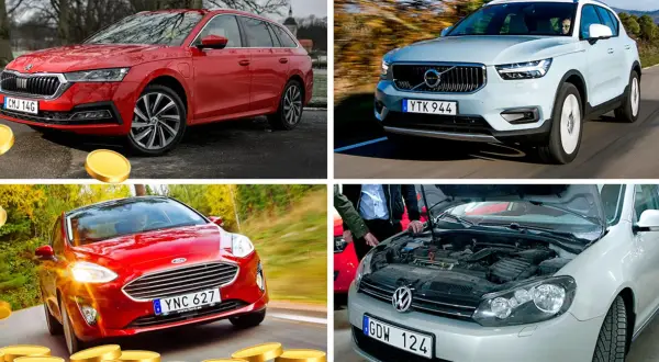 Vilka bilar har kamkedja? En röd Skoda, en ljusblå Volvo, en röd Ford och en vit VW med öppen motorhuv.