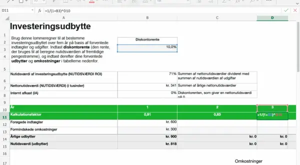 Arkusz kalkulacyjny Excel z tabelą "Investeringsudbytte" i polem "Diskontorente".