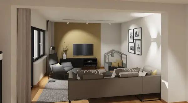 Moderne wohnzimmer anordnung mit grauem Sofa, Sessel, TV und Bilderwand. Ein gemütlicher Rückzugsort.