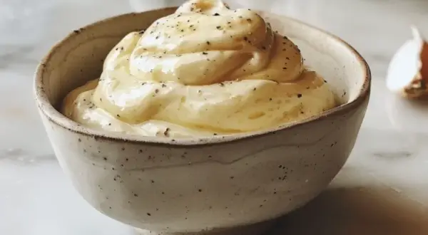 Aksamitny sos aioli, doprawiony świeżo mielonym pieprzem, w ceramicznej miseczce. Obok leży przekrojona główka czosnku.