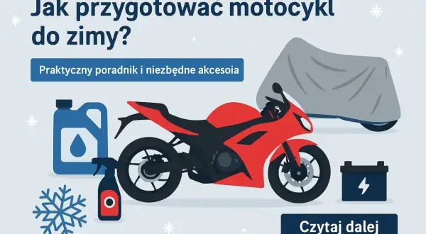 Czerwony motocykl, płyn do konserwacji, spray, akumulator i motocykl pod pokrowcem.