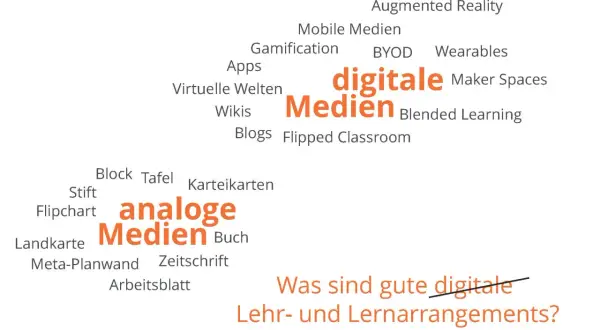 Digitale vs. analoge Medien: Augmented Reality, Gamification, Apps, Wikis, Blogs, virtuelle Welten, Maker Spaces, Blended Learning und die digitale Bedeutung von Lernarrangements.