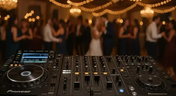 DJ-ski sprzęt na pierwszym planie, w tle rozmyci goście weselni tańczący przy świetle lampek.