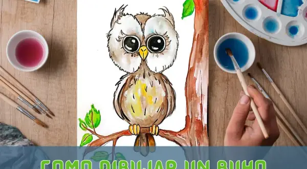 Ilustración de un buho tierno en acuarela, con pinceles y paleta de colores. Aprende como dibujar un buho paso a paso.