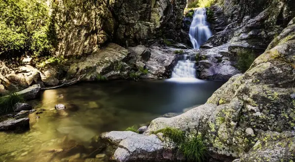 Cascadas escondidas cerca de Madrid, con agua cristalina cayendo entre rocas cubiertas de musgo y vegetación exuberante.