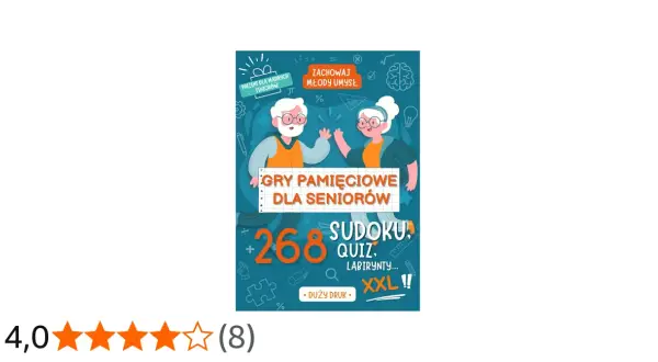 Okładka książki "Gry pamięciowe dla seniorów" z wesołymi postaciami i hasłem "Zachowaj młody umysł".