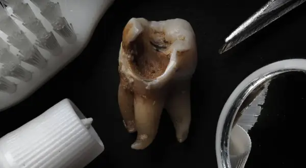 Zniszczony ząb z widoczną próchnicą na powierzchni. Obok szczoteczka, pasta i lusterko dentystyczne.