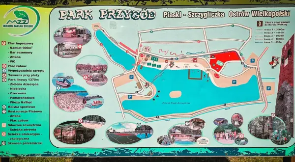 Mapa Parku Przygód w Ostrowie Wielkopolskim pokazuje liczne atrakcje: plac zabaw, park linowy, boiska sportowe, restaurację plażową i skansen pszczelarski.