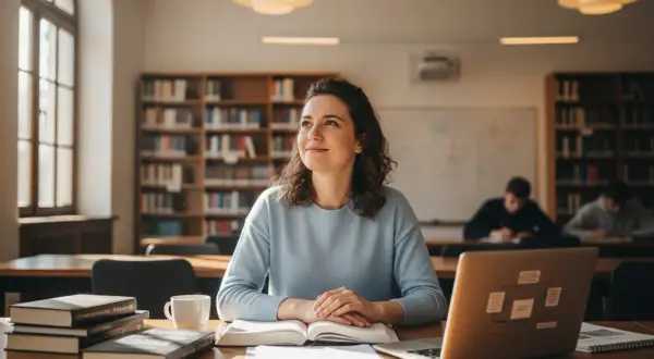 Studentka z uśmiechem na twarzy, marząca o przyszłej karierze nauczycielki, podczas kursu pedagogicznego uprawniającego do pracy w szkole.