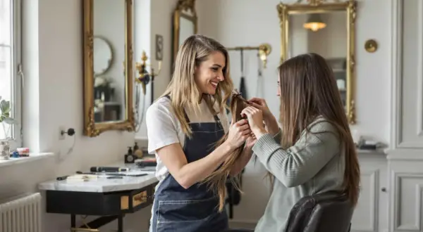 Coiffeuse souriante examine une mèche de cheveux, discutant du type de permanente avec sa cliente assise.