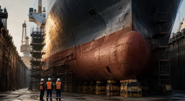 Drei iacs members in Warnwesten und Helmen stehen vor dem riesigen Rumpf eines Schiffes in einer Werft.