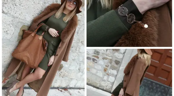 Eleganza in verde e cammello: un cappotto lungo, cappello e borsa in color cammello, abbinati a un vestito verde.