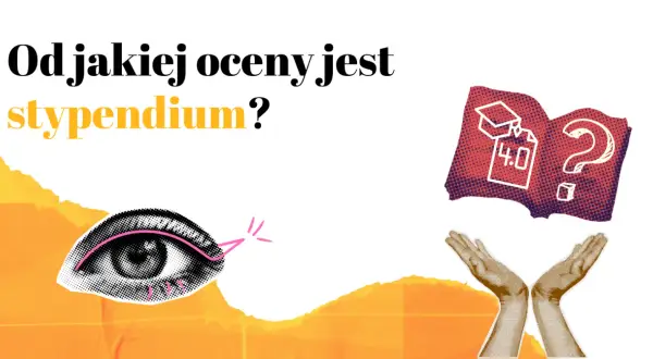 Od jakiej oceny jest stypendium? Grafika przedstawia oko, otwarte dłonie i otwartą księgę z pytajnikiem, sugerując poszukiwanie informacji o wymaganiach.
