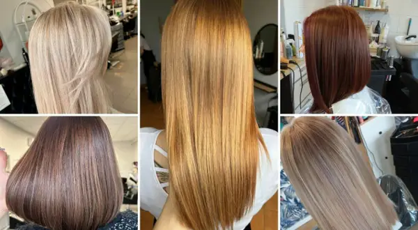Kolaż prezentuje modne fryzury młodzieżowe damskie: blond, rudy, brązowy i rudy bob.
