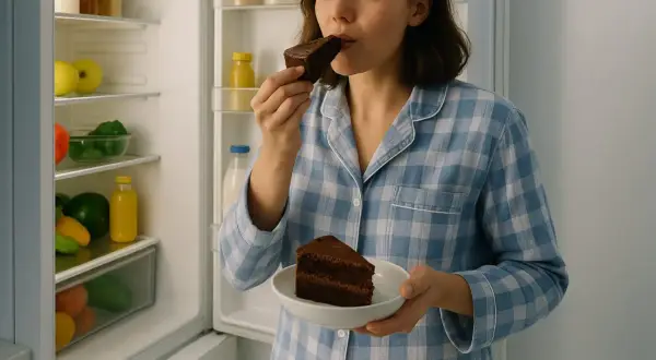 Frau im Schlafanzug isst nachts Hunger mit Schokoladenkuchen aus dem Kühlschrank.