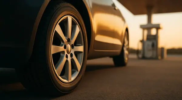 Coche en una gasolinera al atardecer. ¿Cuántas clases prácticas de coche se necesitan para llegar hasta aquí?