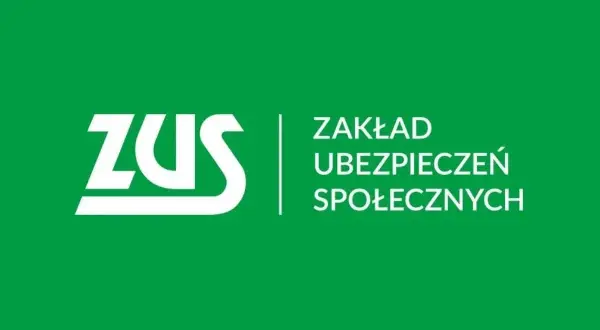 Logo ZUS, Zakład Ubezpieczeń Społecznych, w kolorze białym na zielonym tle.