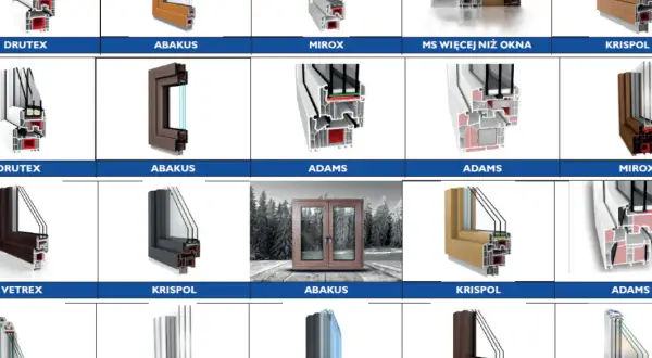 Przekroje okien aluminiowe czy pcv różnych producentów: Drutex, Abakus, Mirox, Krispol, Adams, Vetrex.