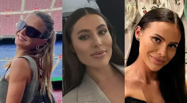 Trzy uśmiechnięte polskie WAGs: jedna w okularach przeciwsłonecznych na tle stadionu, druga w marynarce, trzecia z biżuterią.