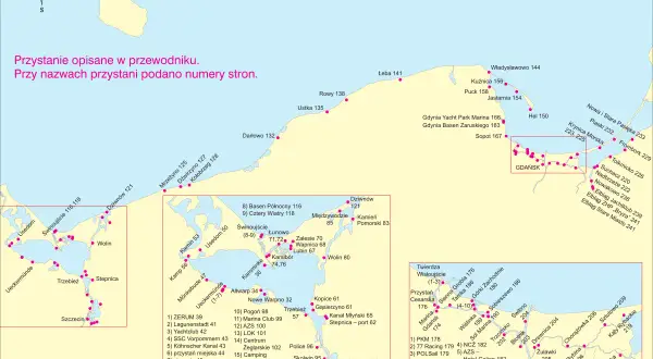 Mapa polskiego wybrzeża Bałtyku z zaznaczonymi przystaniami i numerami stron.