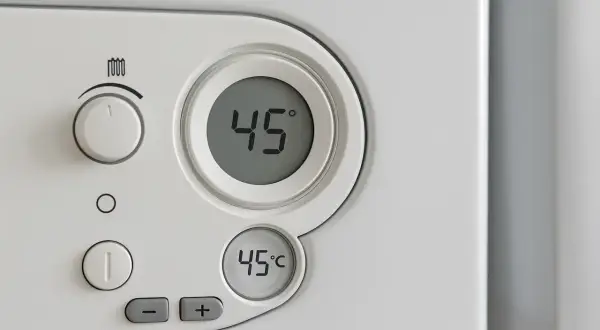 Panel sterowania kotła De Dietrich. Cyfrowy wyświetlacz pokazuje 45°C. Pokrętło i przyciski do regulacji ogrzewania.