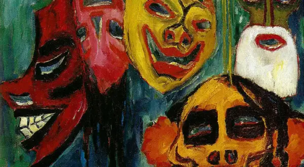 Obraz przedstawia pięć groteskowych masek, namalowanych w stylu ekspresjonizmu, gdzie emocje i subiektywne odczucia artysty dominują nad realizmem.