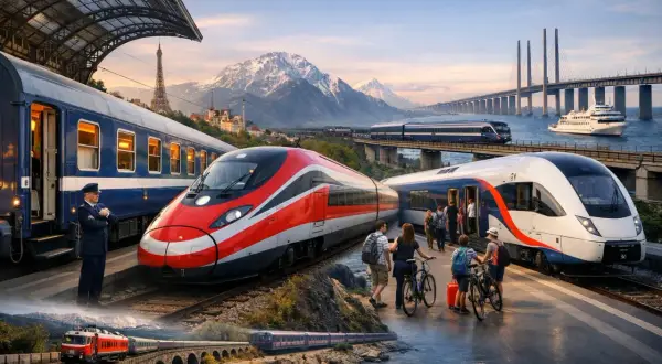 Reise mit dem hamburg budapest zug durch malerische Landschaften, vorbei an Bergen und Brücken.