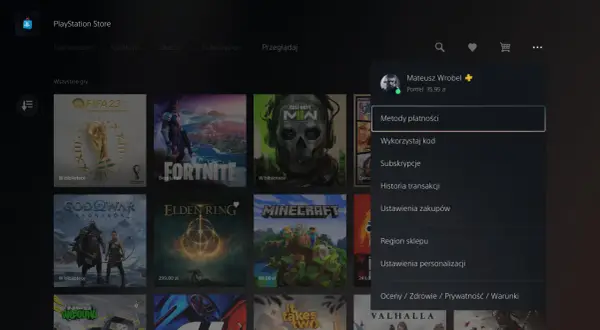 Menu PlayStation Store z widocznym profilem użytkownika i opcjami: Metody płatności, Wykorzystaj kod.