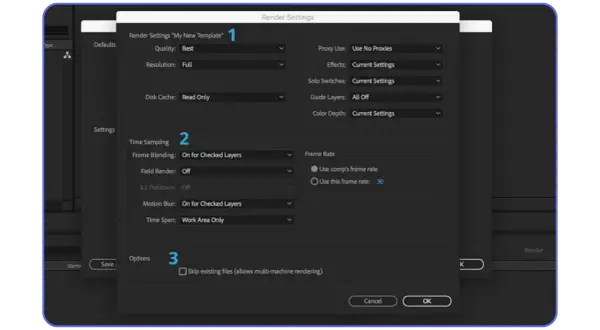 After Effects render settings: Quality, Resolution, Disk Cache, Time Sampling, Frame Rate, and Options. Learn how to render in After Effects.