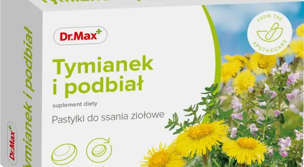 Dr.Max Tymianek i podbiał - ziołowe pastylki do ssania, idealne co na ból gardła. Opakowanie zawiera 24 sztuki.