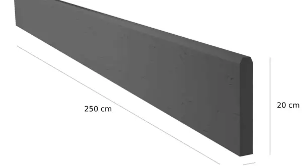 Szary betonowy element o wymiarach 250 cm długości, 20 cm wysokości i 4 cm grubości. Idealny jako podmurówka betonowa.