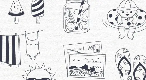 Un dibujo de verano con helados, toalla, bañador, sol con gafas, jarra de limonada, bebé en flotador, postales y chanclas.