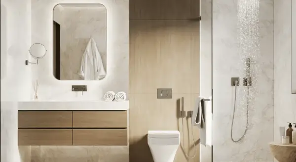 Aménagement petite salle de bain 4m2 : meuble vasque bois, miroir rétroéclairé, douche moderne.
