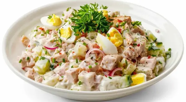 Ein cremiger Thunfischsalat mit Eiern, Gurken und Zwiebeln, garniert mit Petersilie und Schnittlauch.