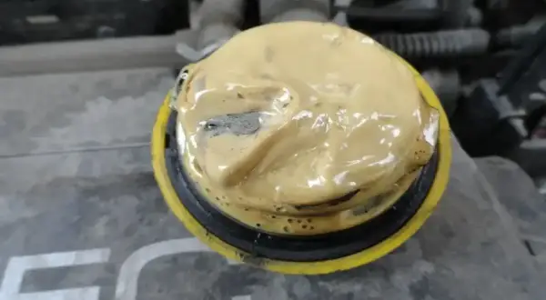 Gros plan sur un bouchon moteur couvert d'une substance jaune pâle ressemblant à de la mayonnaise, signe d'un joint de culasse défectueux.